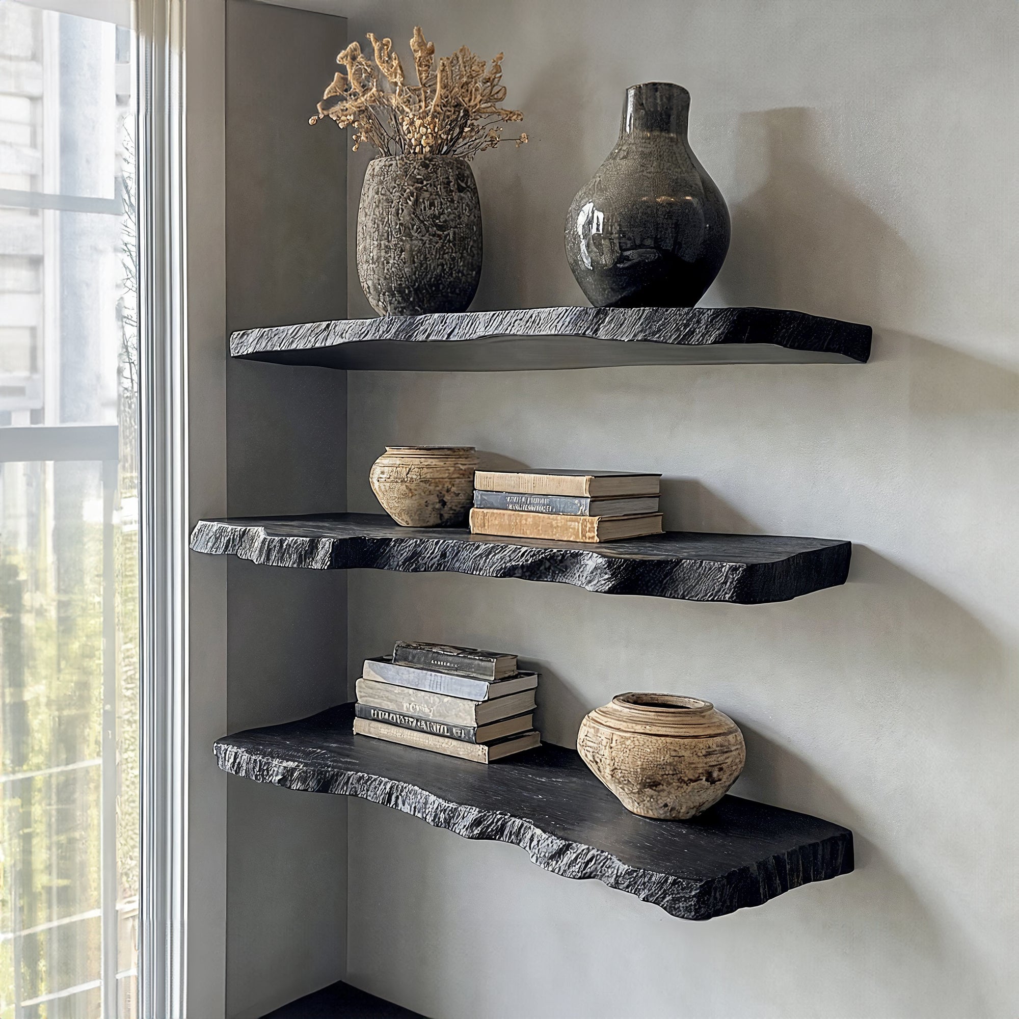 Handcraft Live Edge Black Floating Shelves Handcraft Live Edge Black Floating Shelves