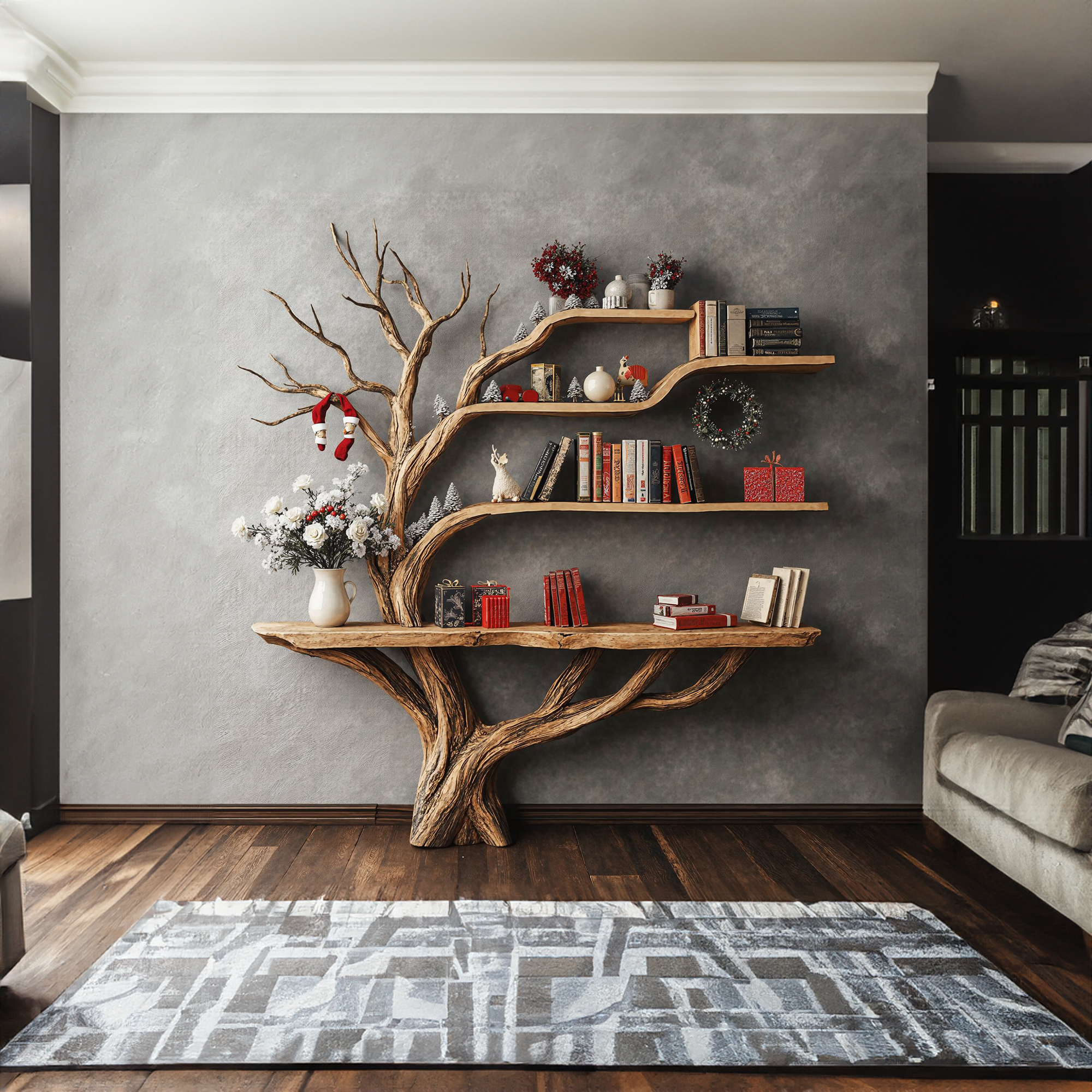 Narrow Floating Live Edge Side Table With Tree Bookshelf Narrow Floating Live Edge Side Table With Tree Bookshelf