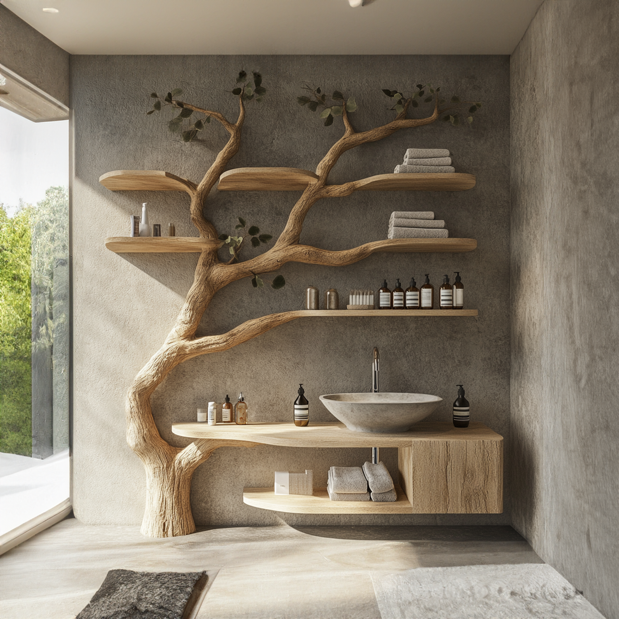Wood Vanity With Mini Sink Floating Shelves Tree Branches Wood Vanity With Mini Sink Floating Shelves Tree Branches